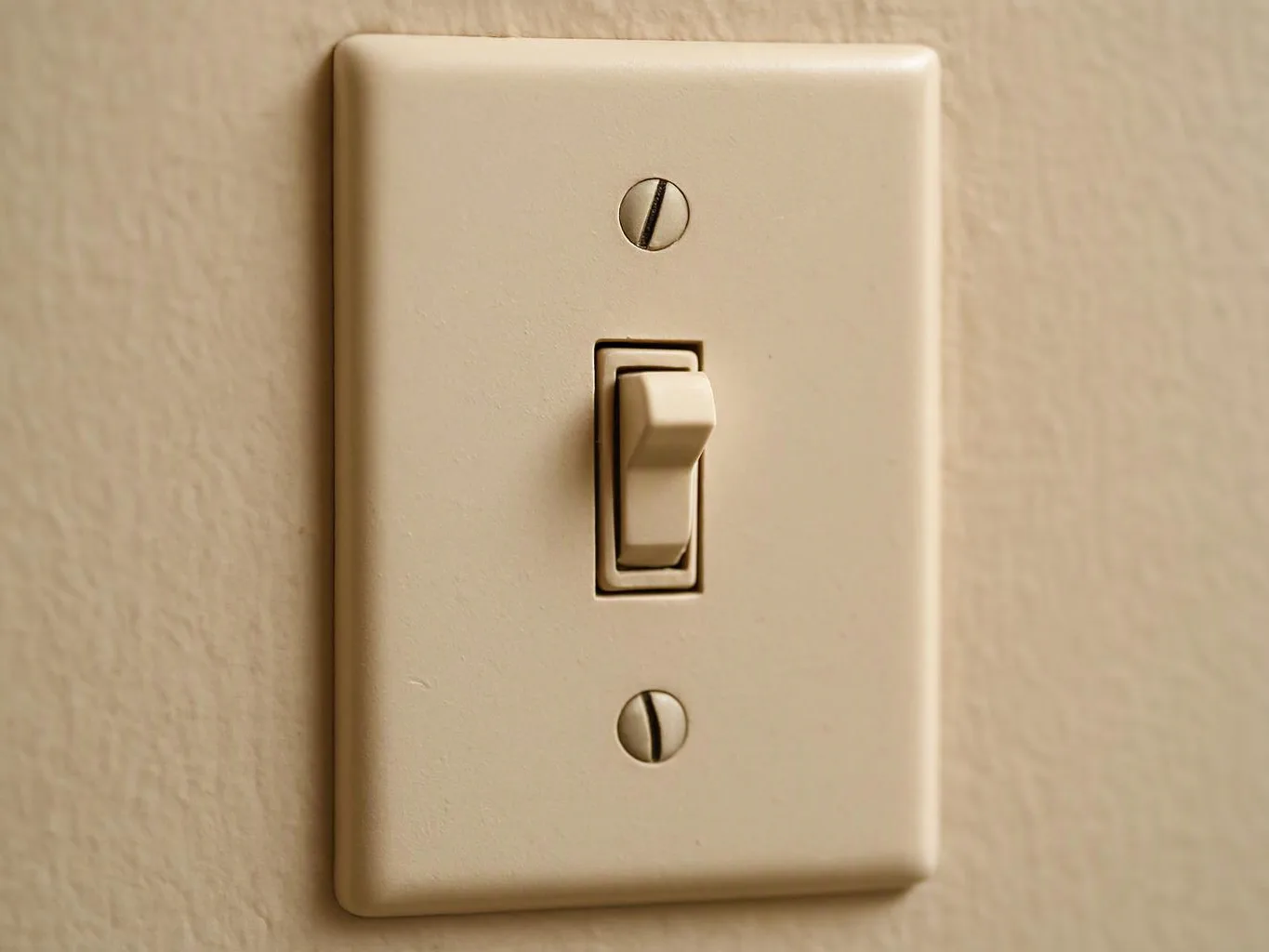 A beige light switch sits on a textured wall, shown in close-up with no hand touching it