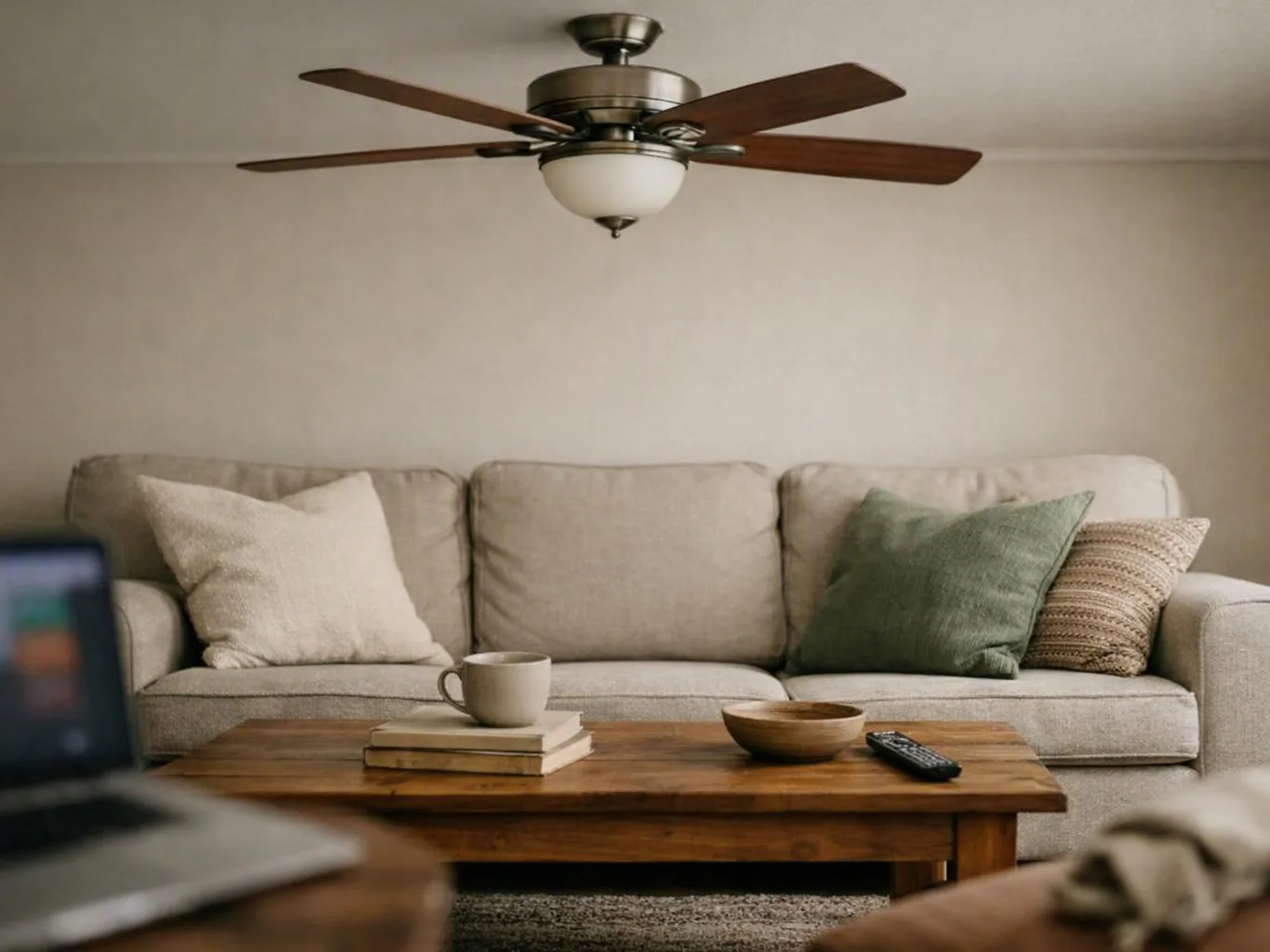 A beige living room shows a sofa, wooden coffee table, ceiling fan, and a blurred laptop in the foreground