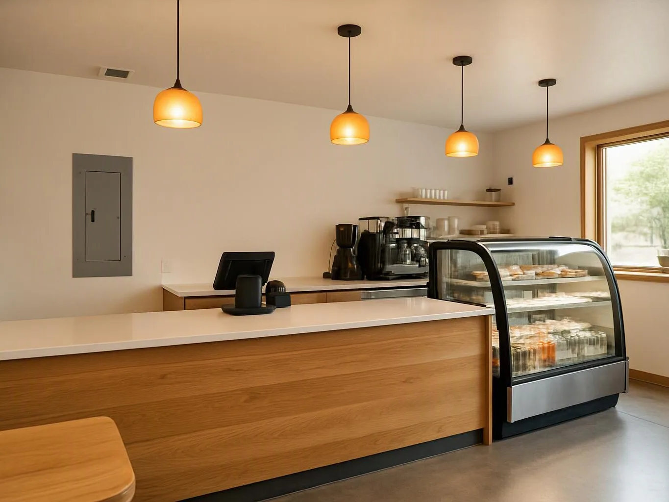 A bright cafe counter holds a register, coffee machines, and a glass pastry case under warm pendant lights