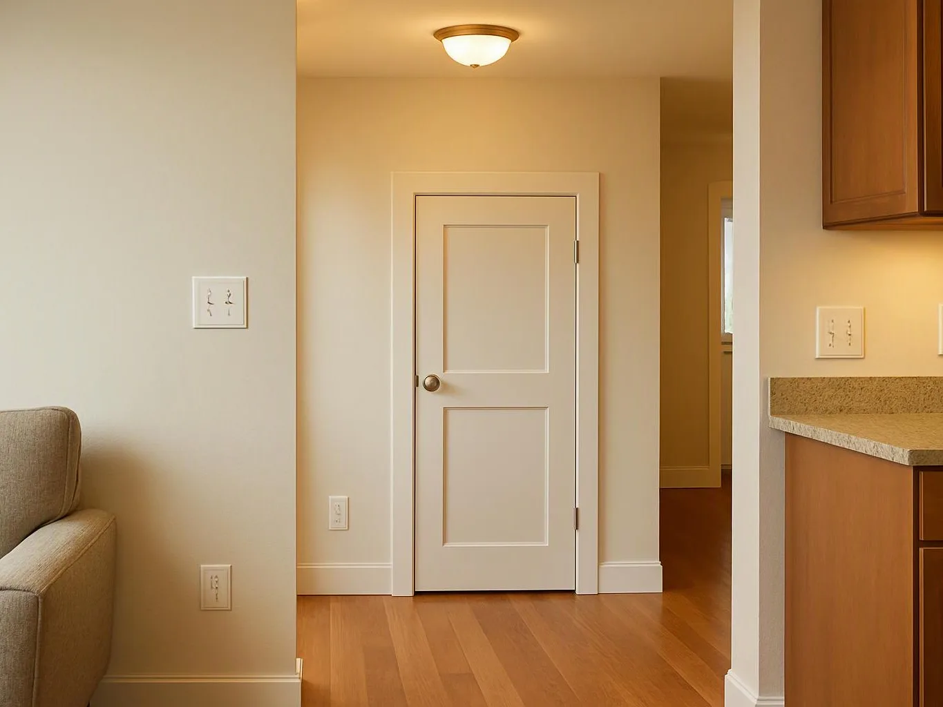 A bright empty room shows a closed white door, wood floor, sofa edge, and kitchen counter area