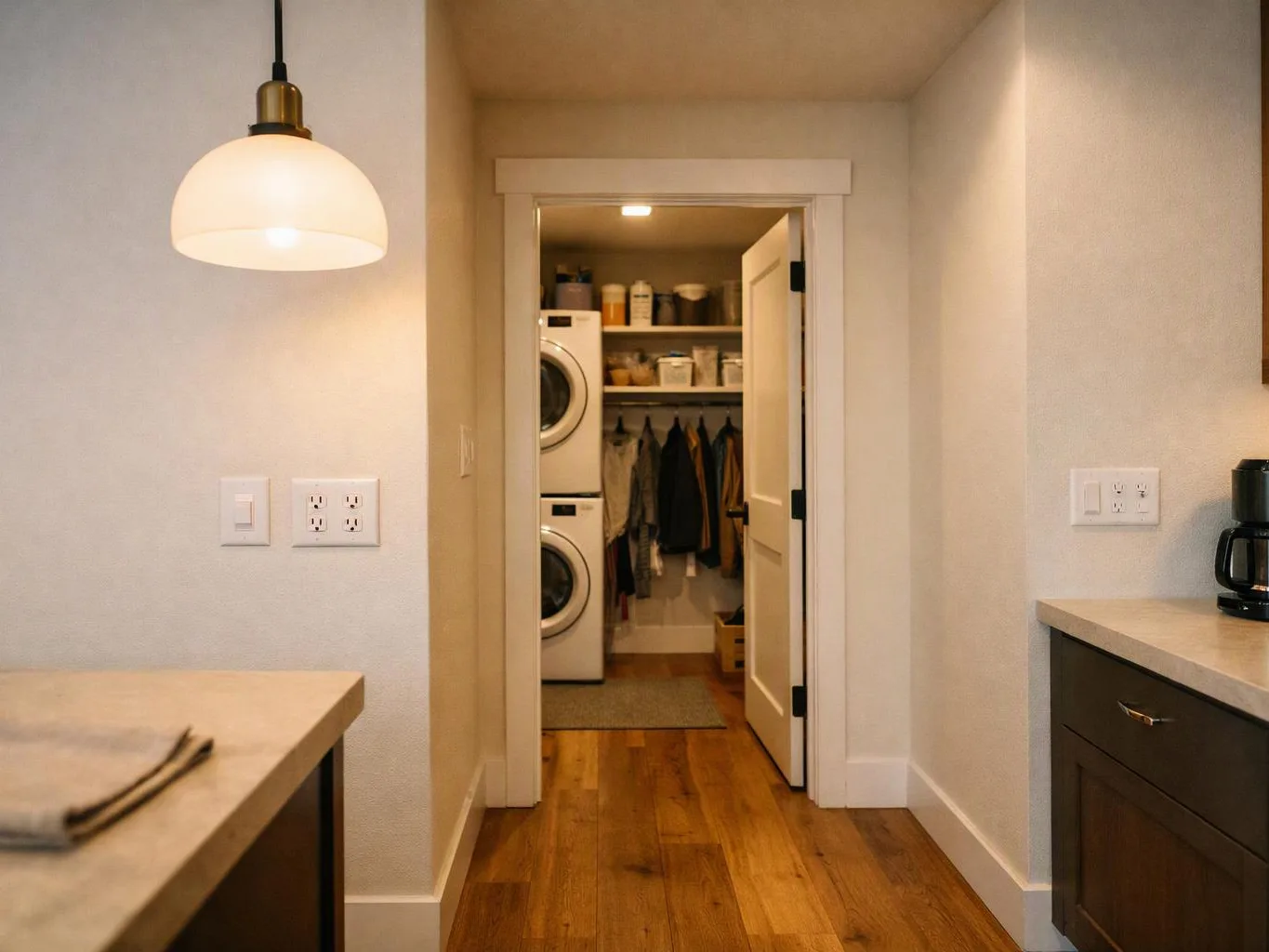 A bright hallway leads to an open laundry closet with stacked washer and dryer and hanging clothes
