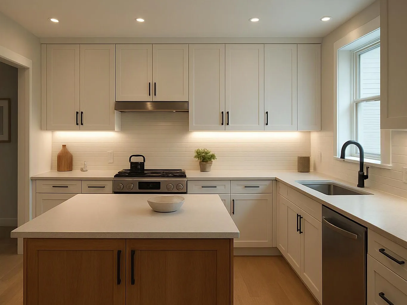 Bright modern kitchen with white cabinets, an island, black fixtures, and a bowl on the countertop