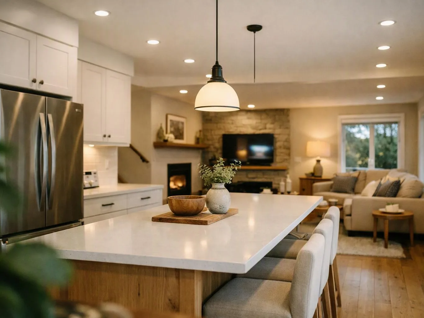 A bright open kitchen and living room shows a white island, stainless fridge, sofa, and fireplace