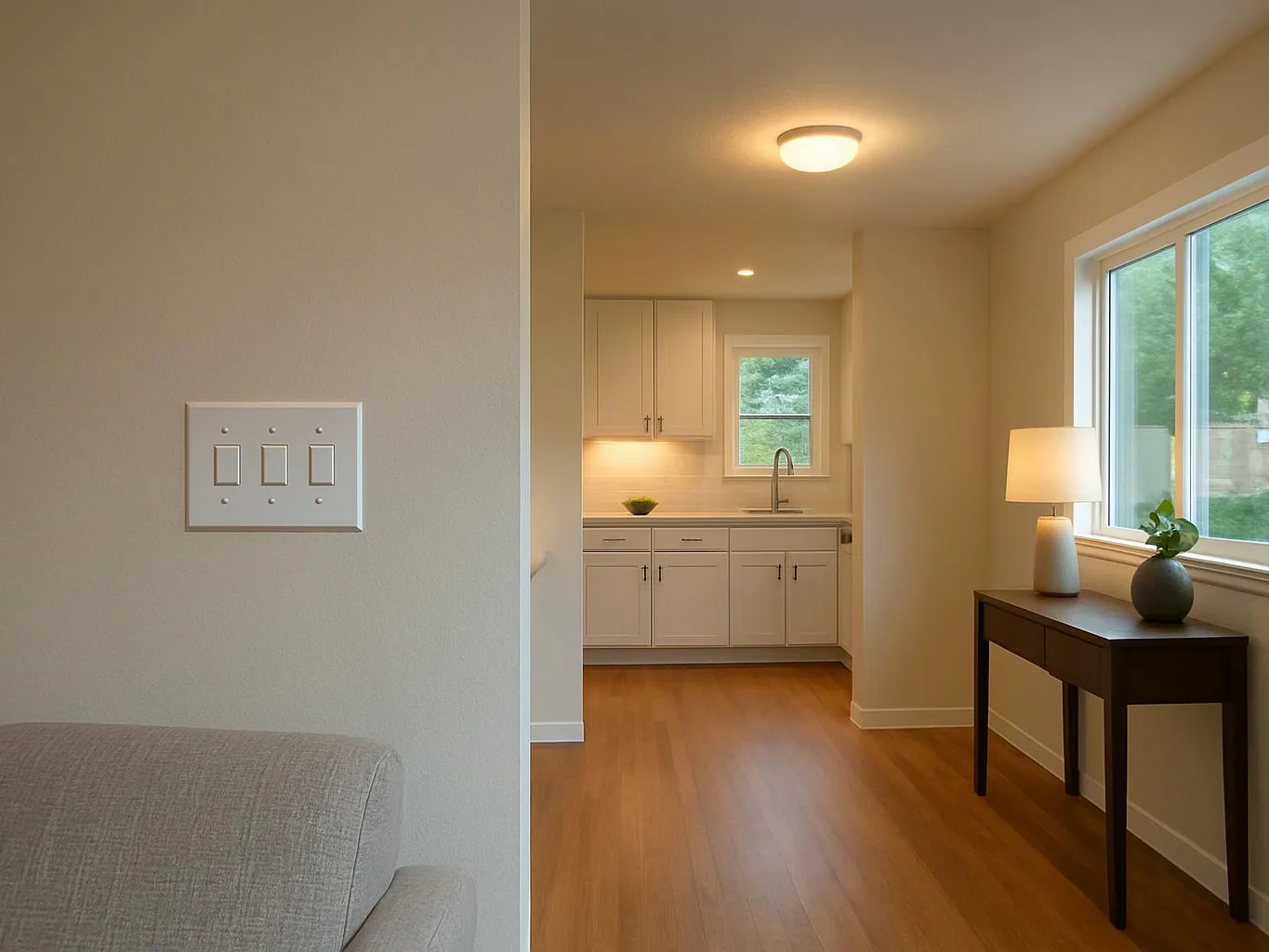 A bright room opens to a small white kitchen, with a lamp-lit side table by the window