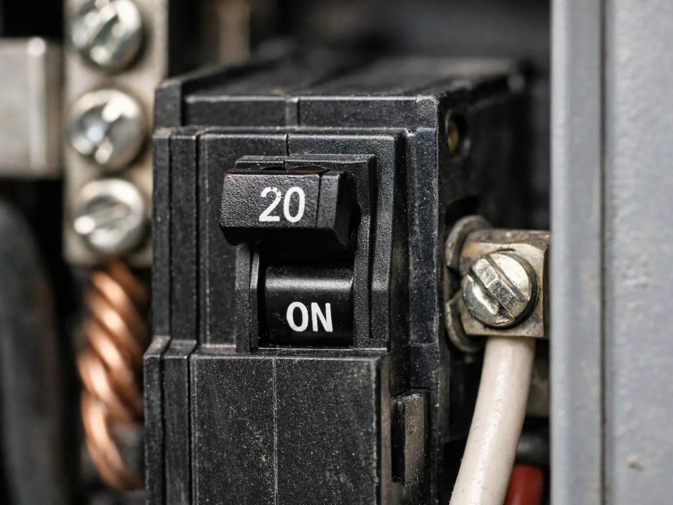 Close-up of a black circuit breaker switch marked 20 on inside an electrical panel