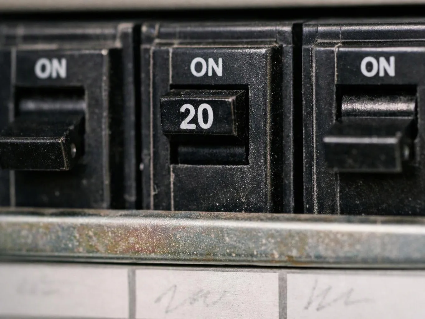 Close-up of black electrical circuit breaker switches labeled ON, including one marked 20, inside a panel