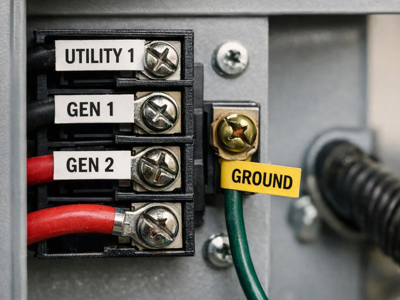 Close-up of electrical terminals with labeled wires for utility, generators, and ground inside a metal panel