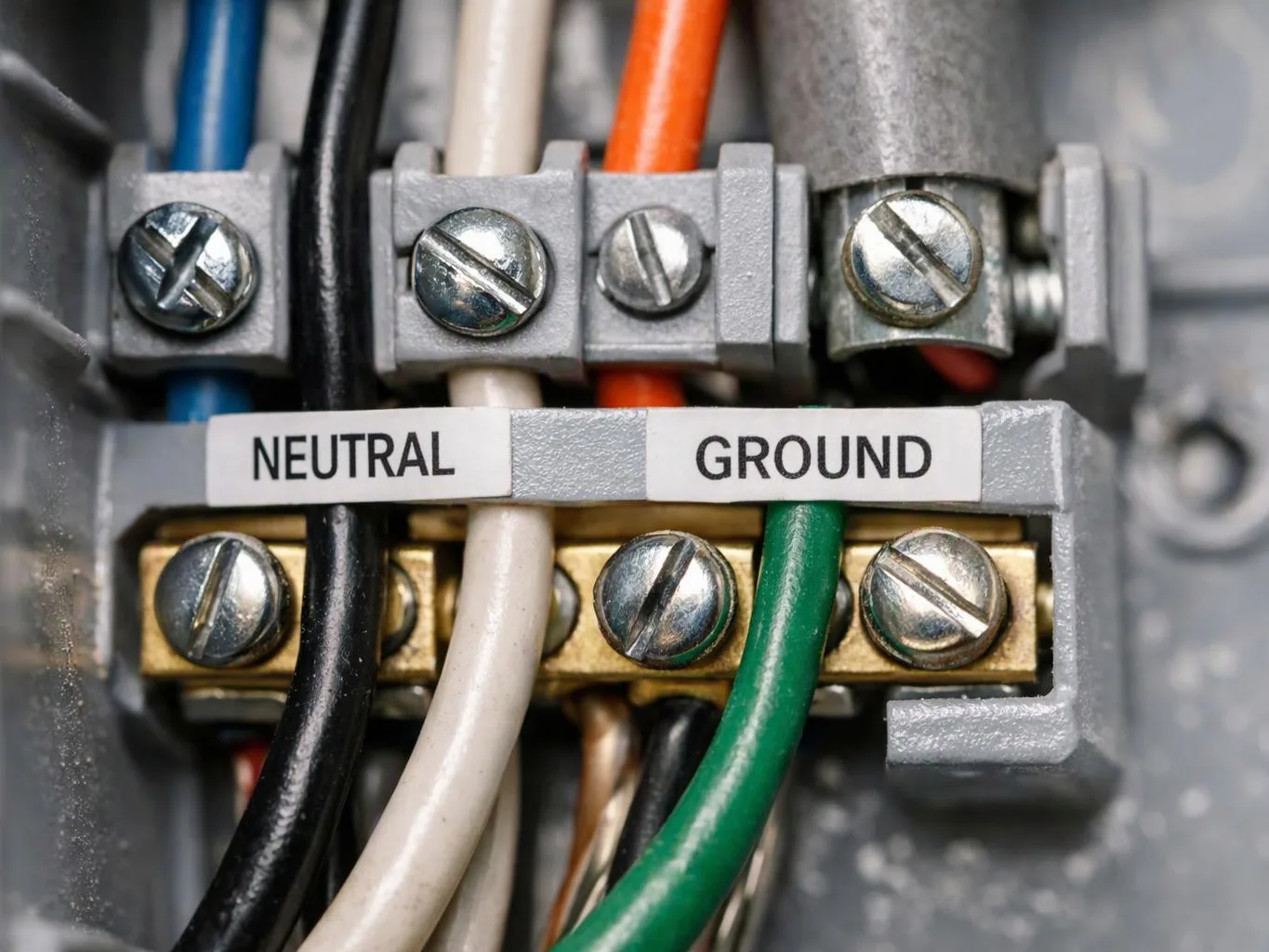 Close-up of electrical wiring terminals with labeled neutral and ground wires secured by screws