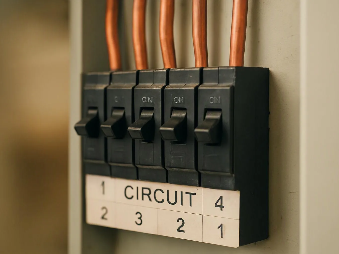 Close-up of four black circuit breakers with copper wires above, mounted on a beige panel and labeled CIRCUIT below