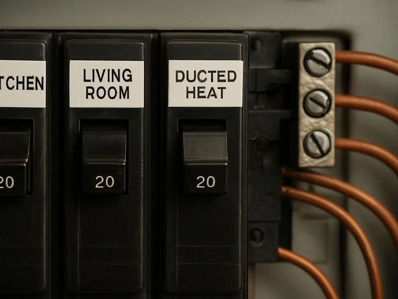 Close-up of labeled electrical circuit breakers with copper wires and screw terminals inside a panel