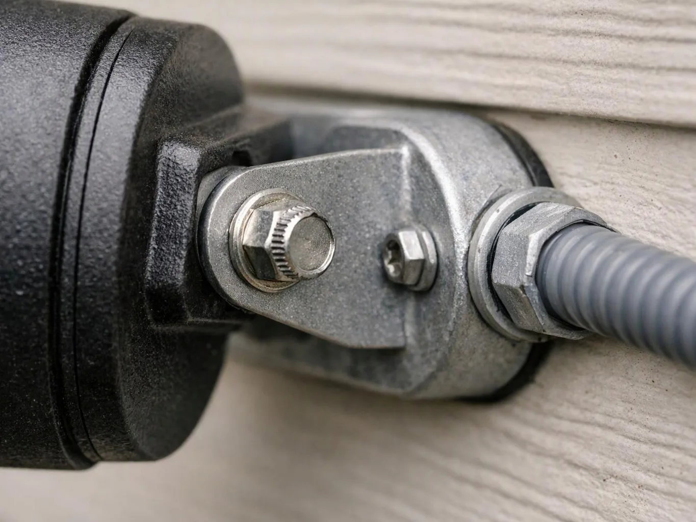 Close-up of a metal cable connector attached to a black device on a wood-grain surface