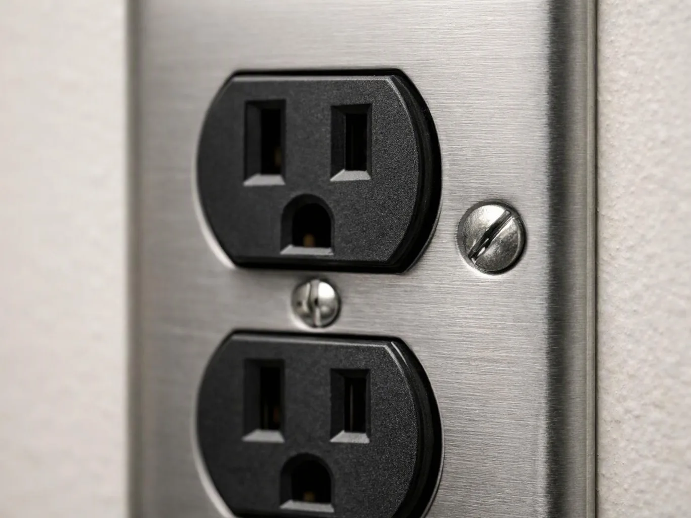 Close-up of a stainless steel wall outlet with two black electrical sockets and visible screws