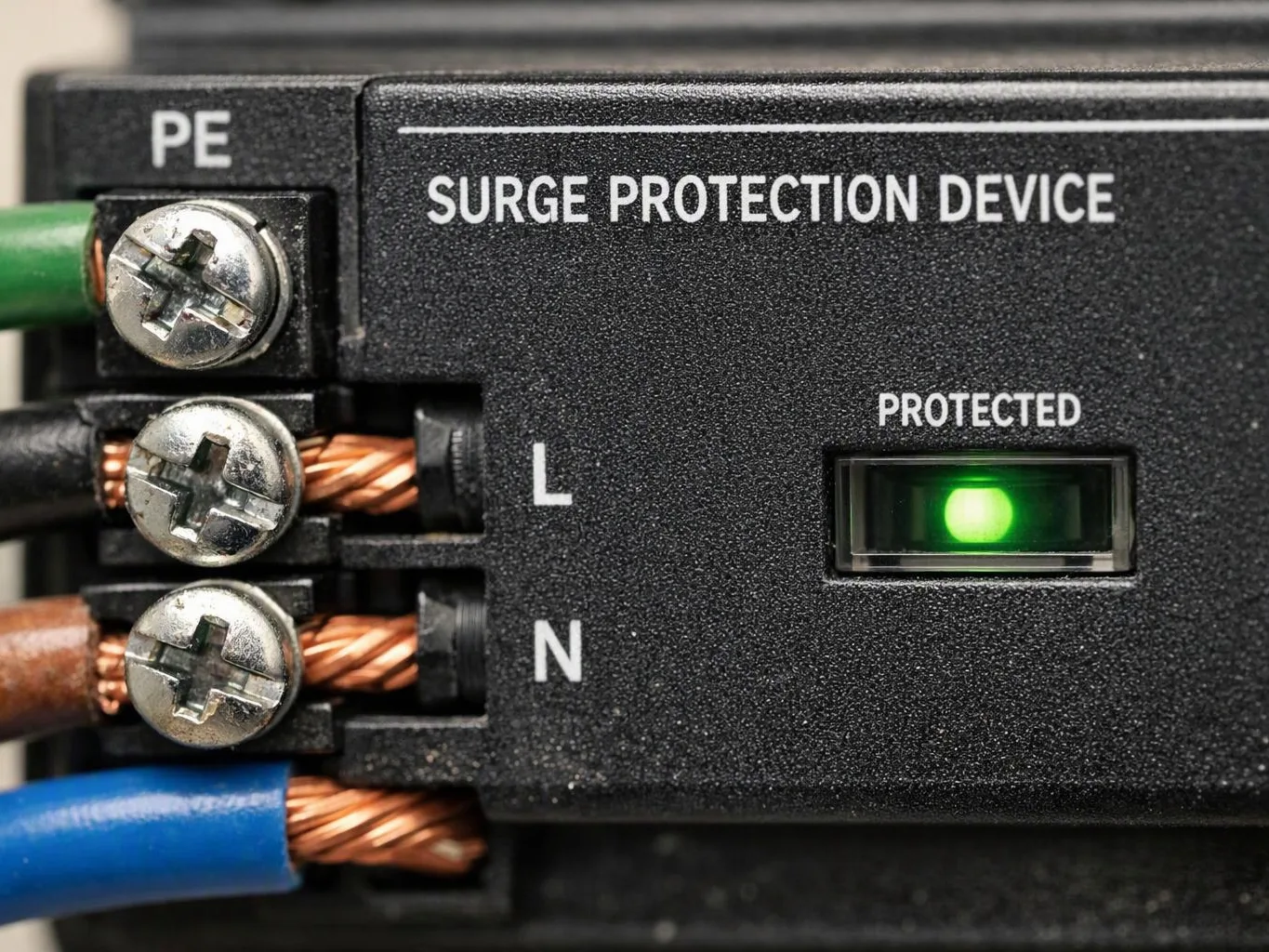 Close-up of a surge protection device with wired screw terminals and a green protected indicator light
