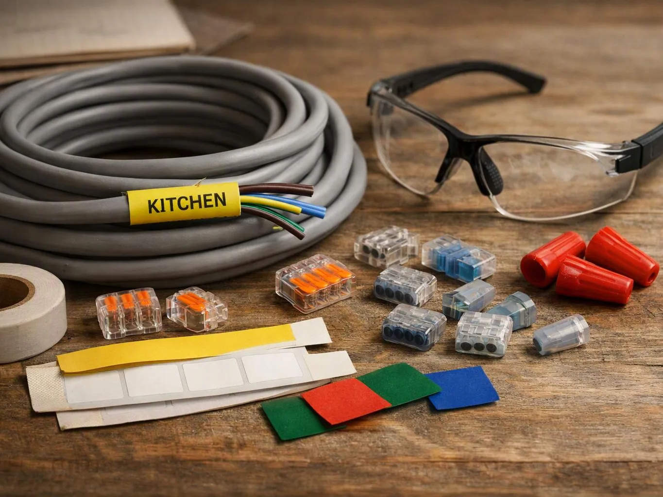 Coiled gray electrical cable, labeled kitchen, sits beside safety glasses, wire connectors, tape
