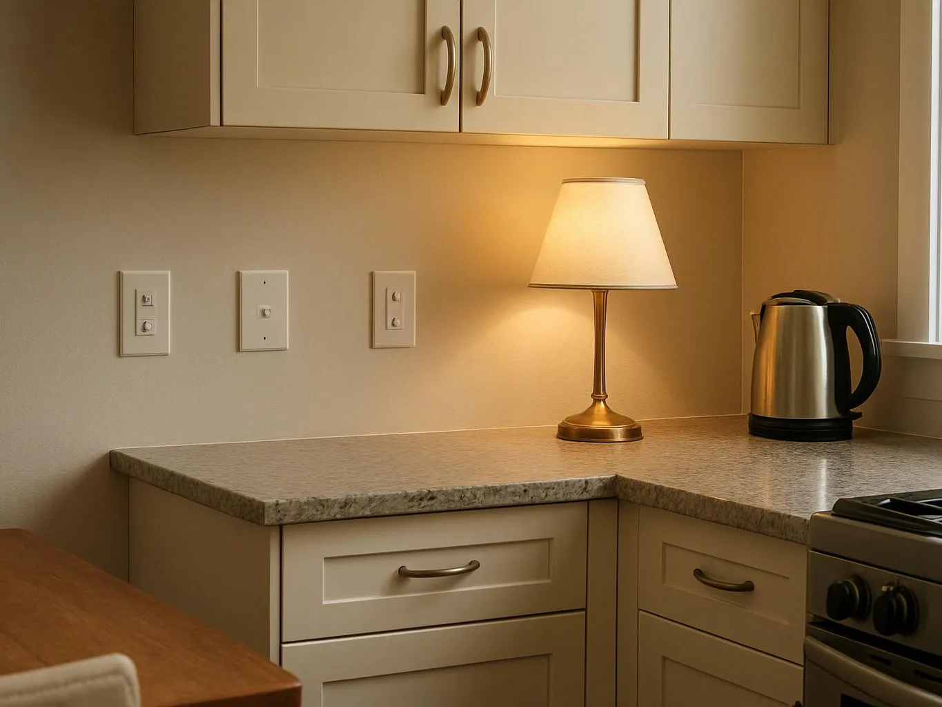 A cozy kitchen corner shows a lit table lamp, an electric kettle, cabinets, and a stone countertop