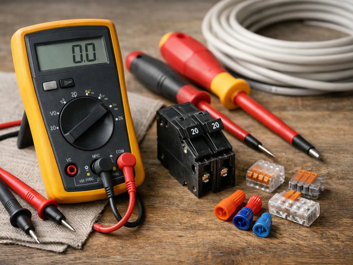 A digital multimeter with probes sits beside circuit breakers, wire connectors, and a coiled cable on a wooden table