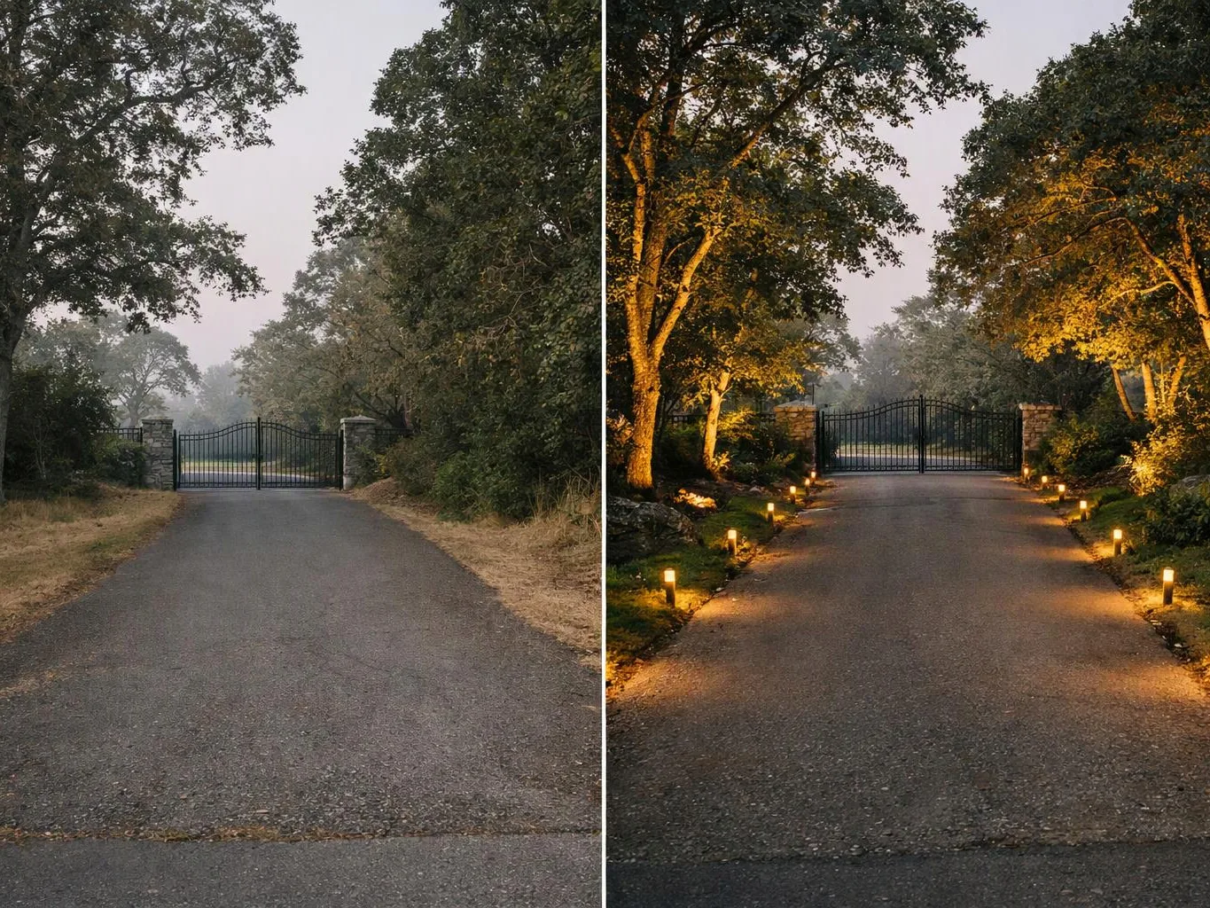 A driveway leads through trees to a closed gate, with the right side lit by small ground lights at dusk