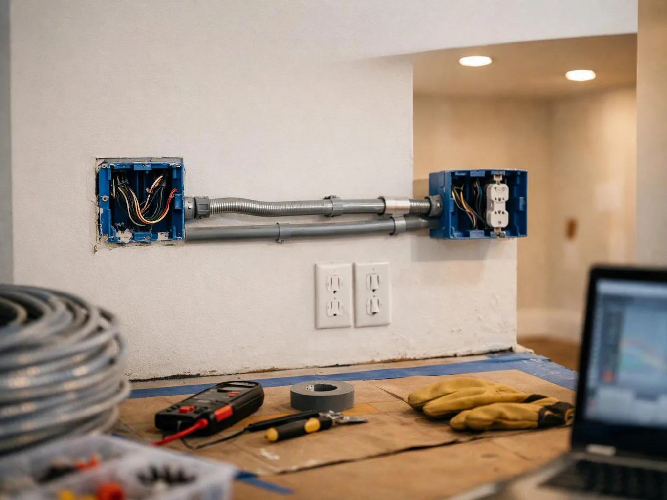 Electrical boxes and conduit are mounted in a wall above a workbench with tools and gloves