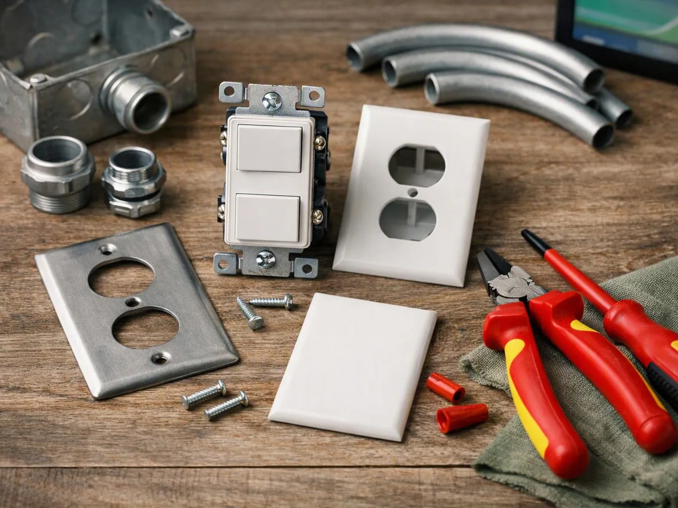 Electrical outlet parts, switches, screws, pliers, and red-handled screwdrivers are arranged on a wooden workbench