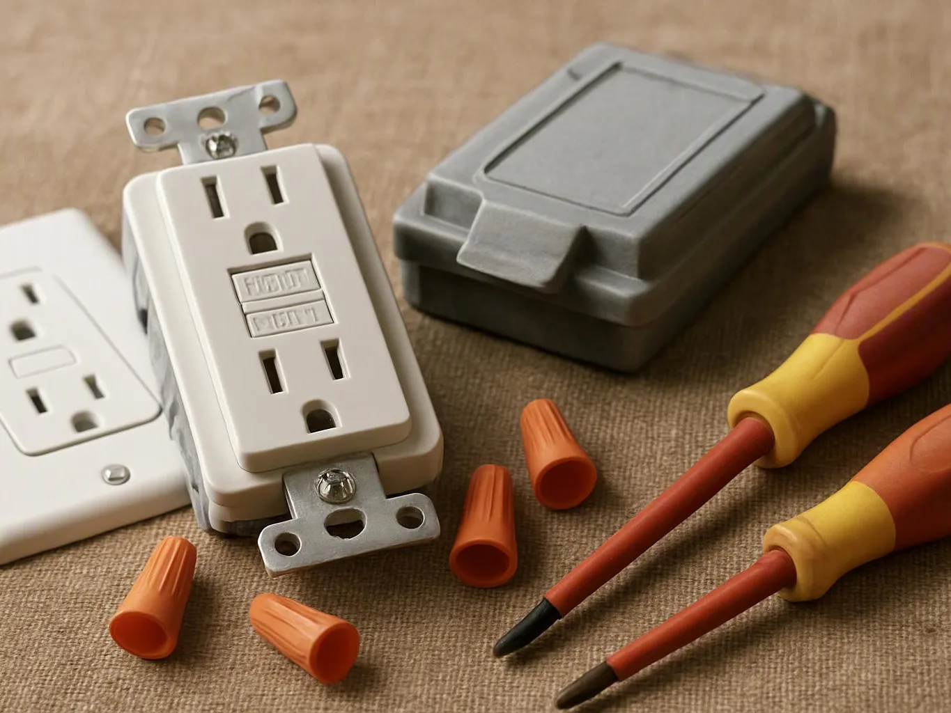 Electrical outlets, screwdrivers, and orange wire connectors lie on a work surface