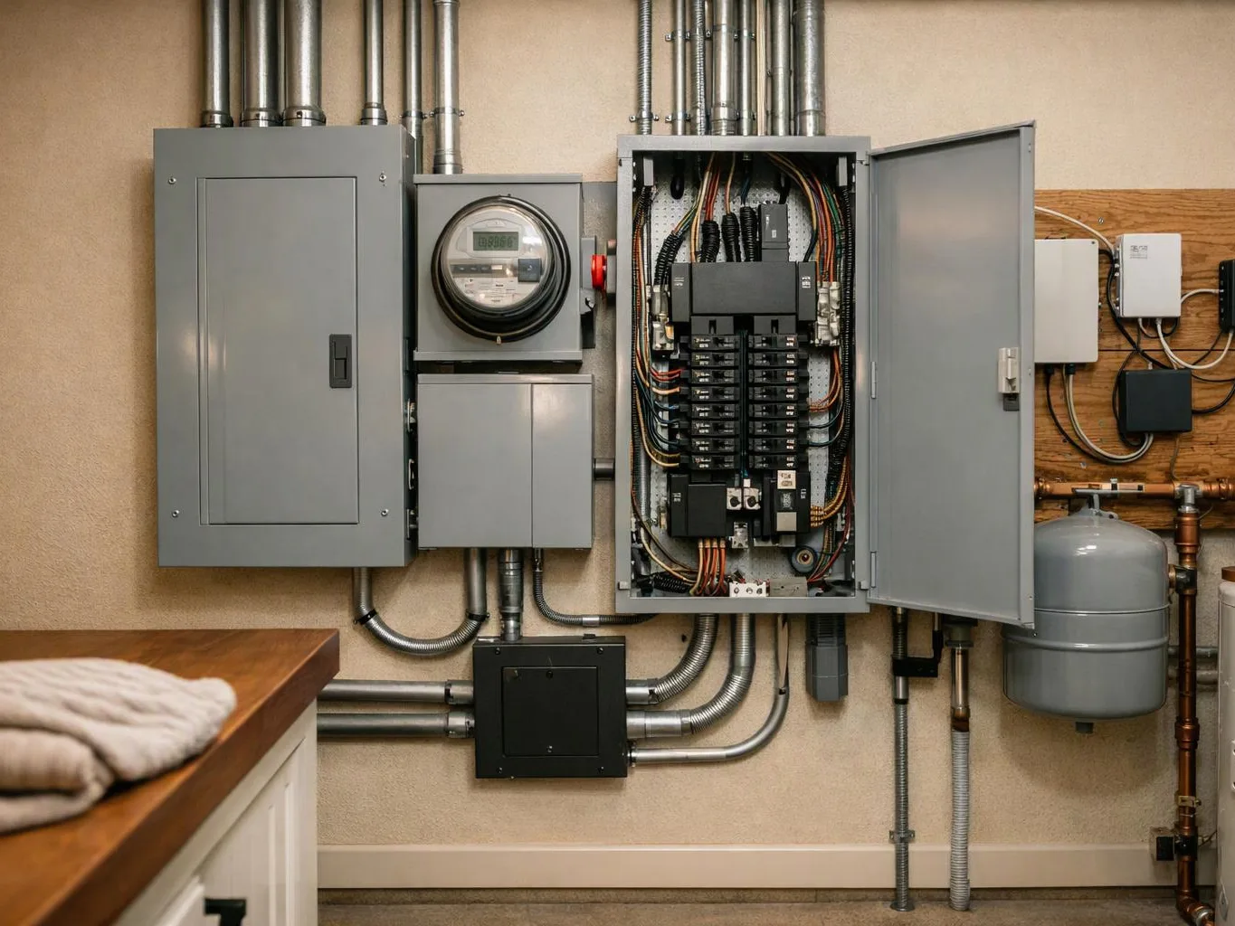 An electrical service wall shows gray panels, a meter, open wiring, and metal conduit in a utility room