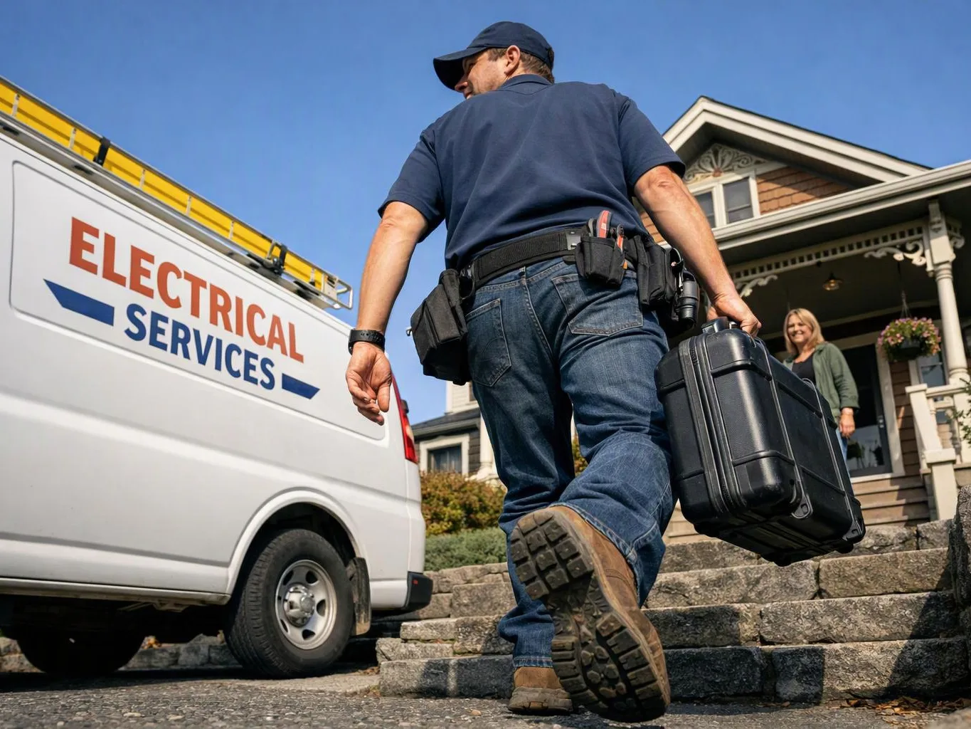 An electrician carries a toolbox up stone steps beside a service van, while a woman stands at the porch door