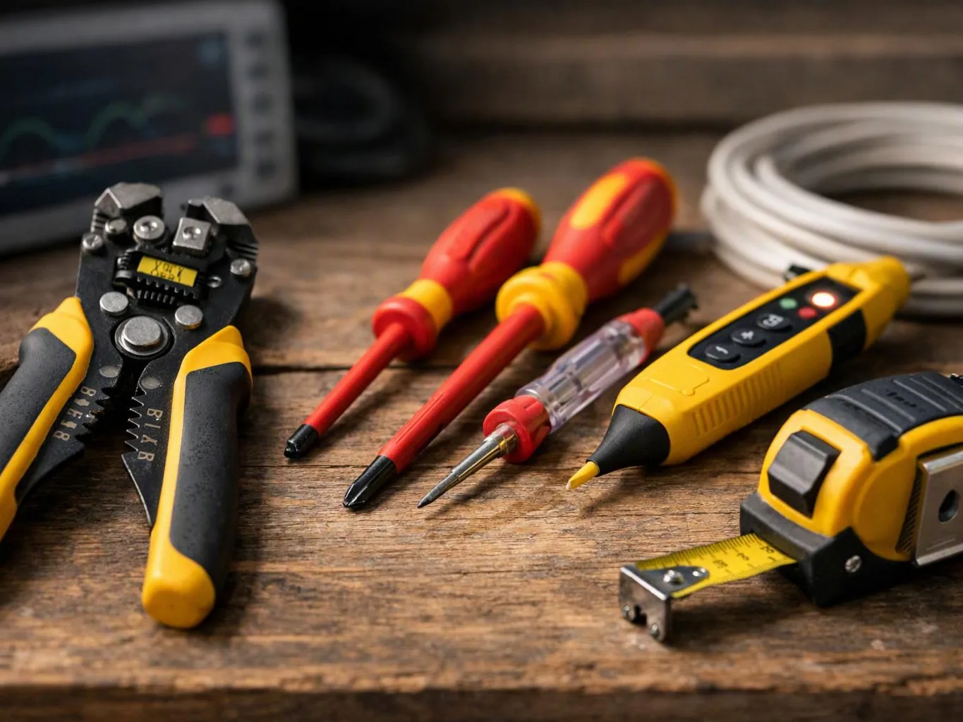 Electrician tools, including wire strippers, screwdrivers, test probes, and a tape measure, rest on a wooden workbench