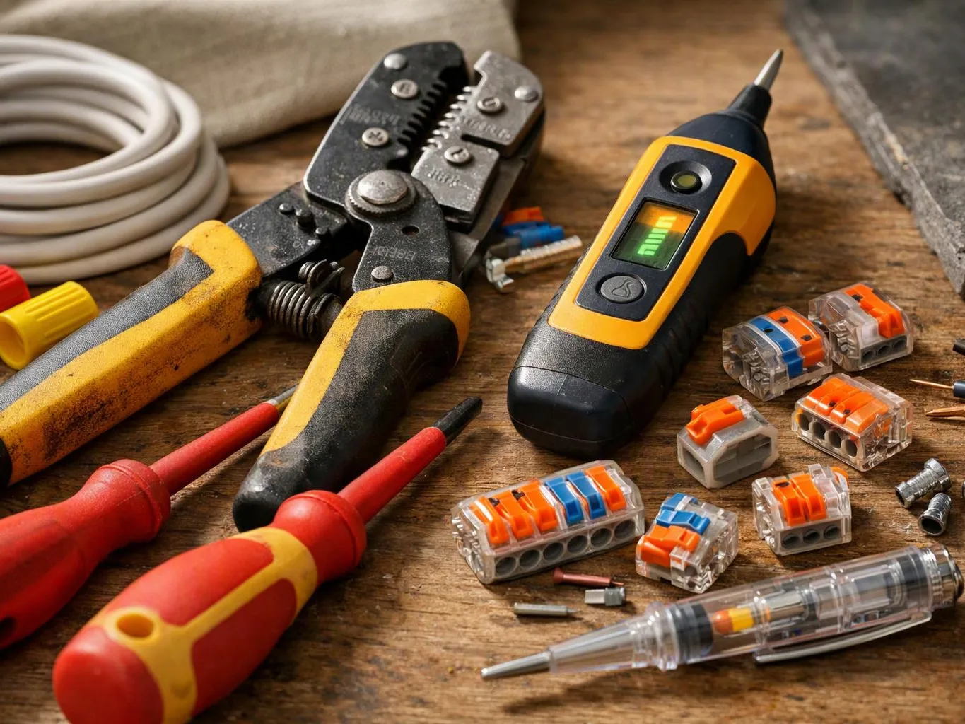 Electrician tools and wire connectors lie on a worn wooden workbench