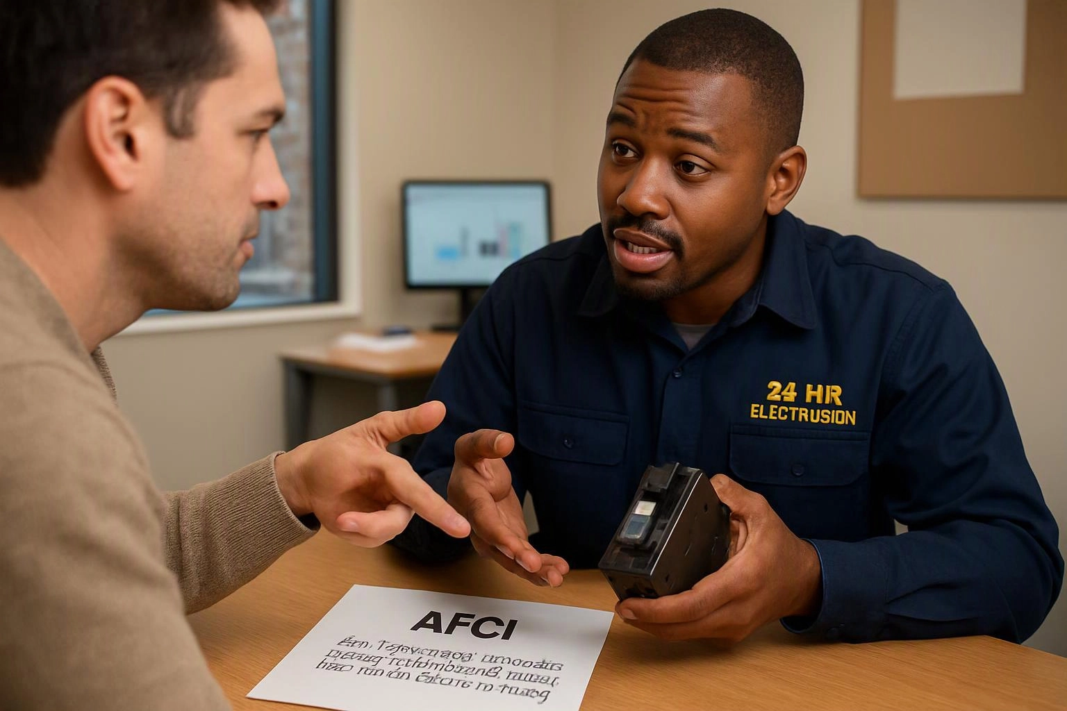 Two men talk at a desk, one holding a black device while pointing at a paper in an office