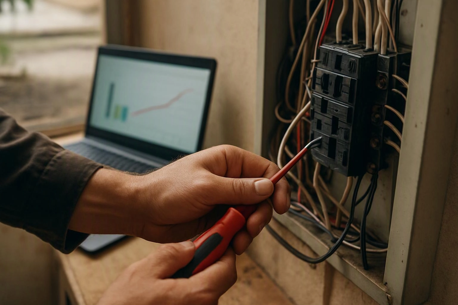 A person uses a red screwdriver on an open electrical panel beside a laptop showing a chart