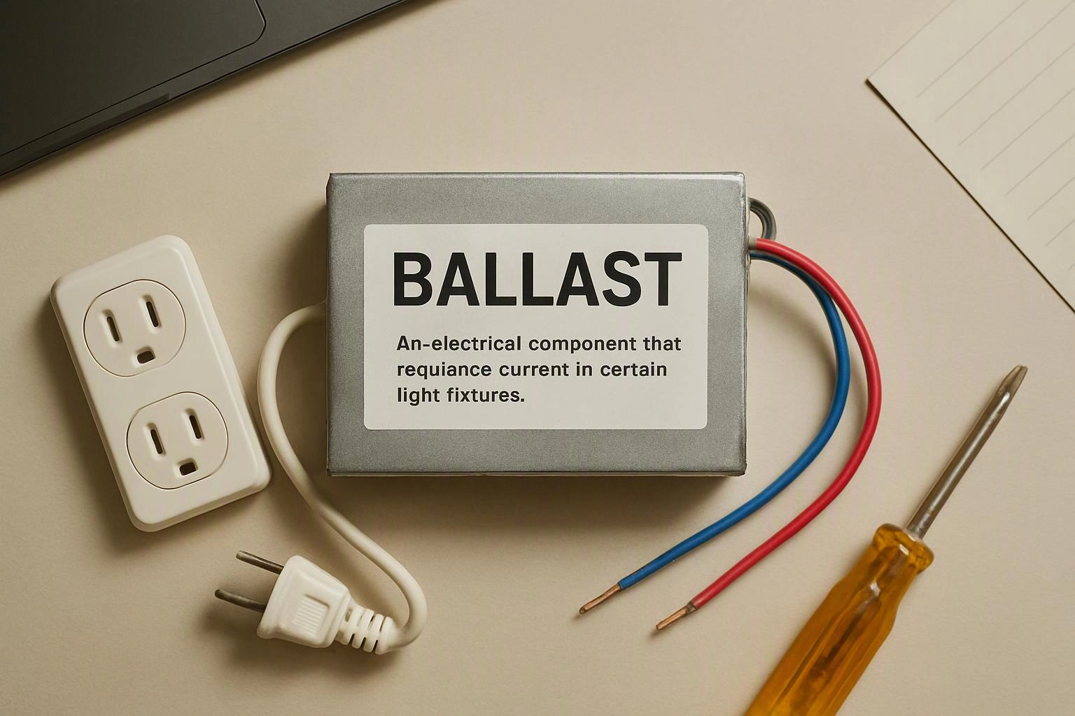 A labeled ballast box sits beside an outlet, power cord, loose wires, and a screwdriver on a beige surface