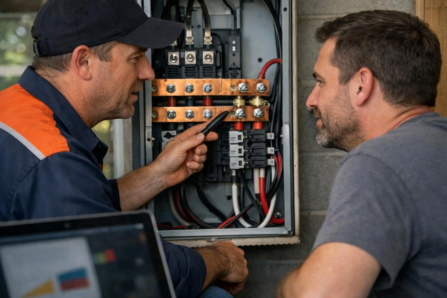 Two men inspect an open electrical panel, one pointing at copper bus bars while the other watches closely
