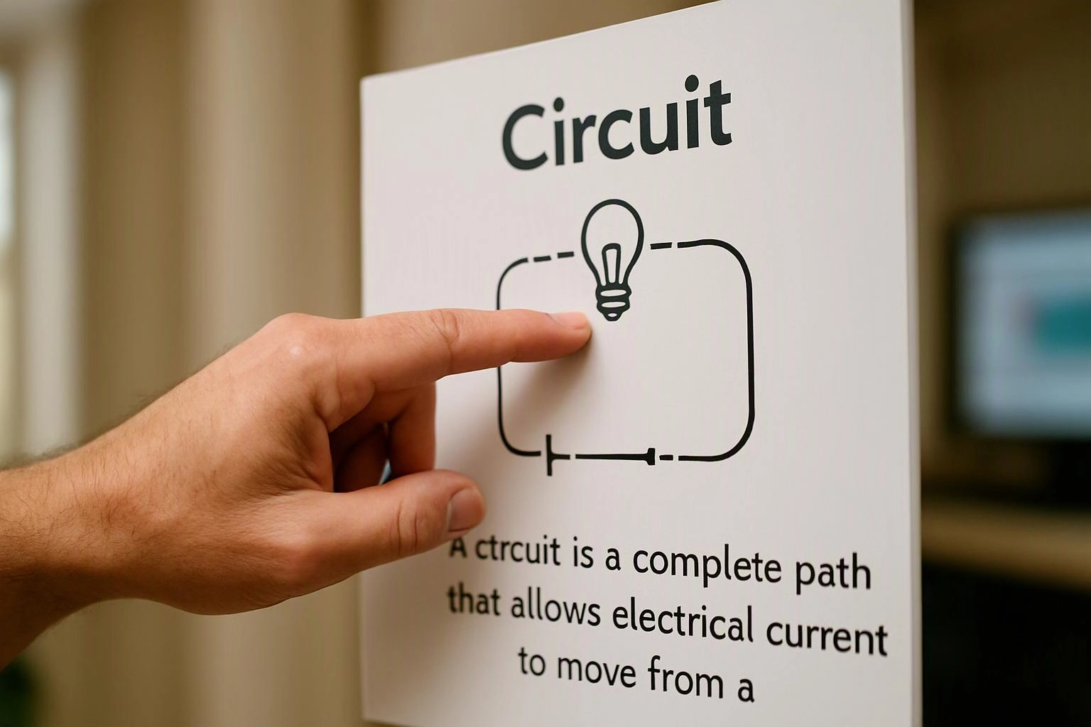A hand points at a circuit diagram on a white educational poster in a classroom-like setting