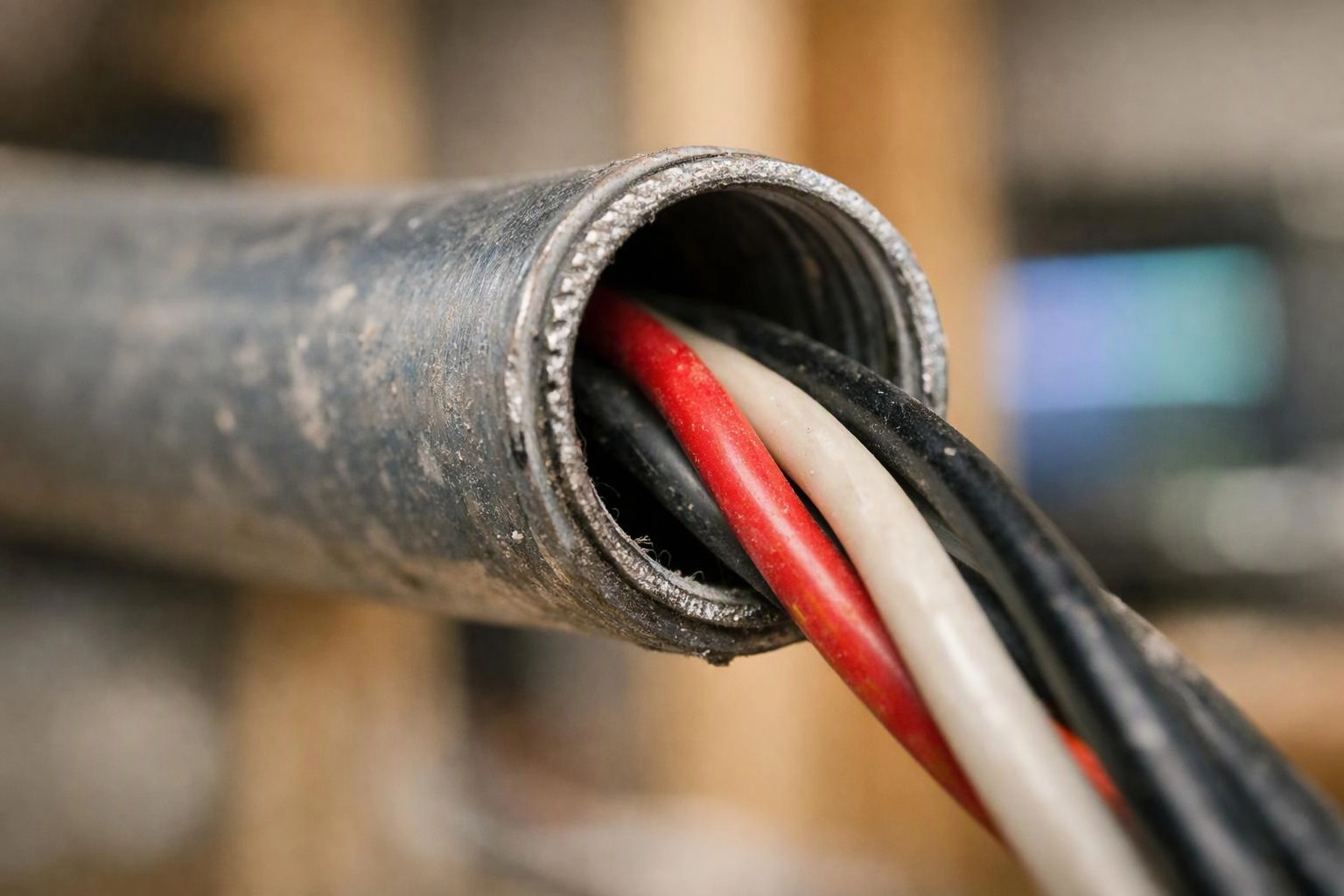 A close-up shows colored electrical wires emerging from a worn metal conduit pipe