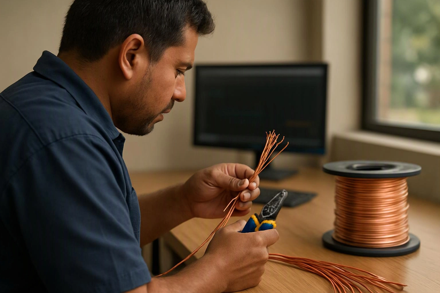 A man in a blue shirt cuts copper wire at a desk beside a monitor and a wire spool