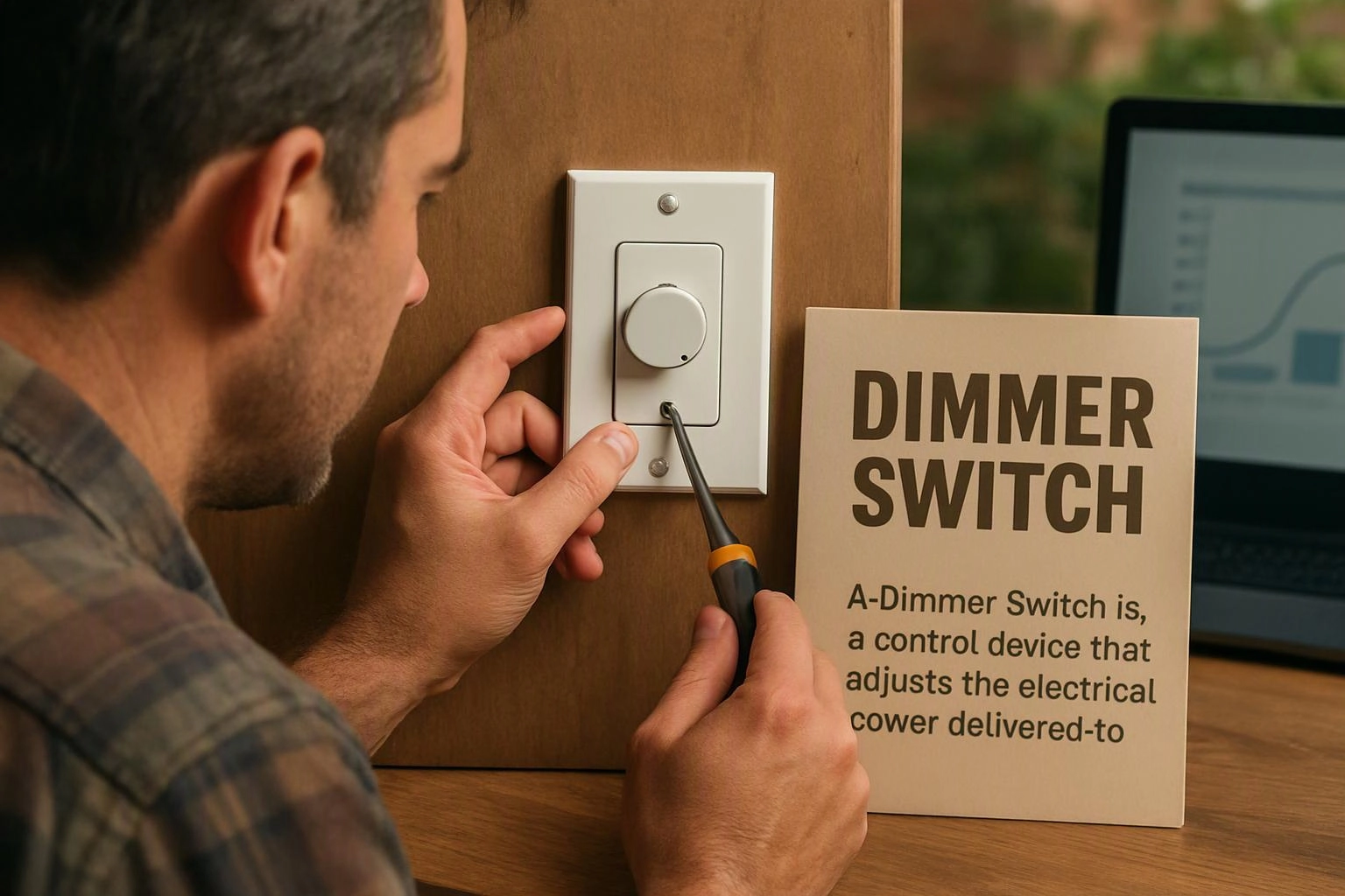 A man adjusts a wall dimmer switch beside a sign and laptop on a wooden desk