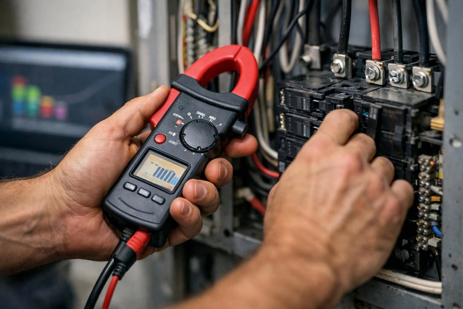 Hands hold a clamp meter and adjust electrical wiring inside an open breaker panel