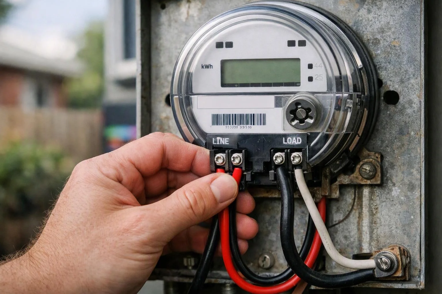 A hand adjusts wires on an electric meter mounted to a weathered metal panel outdoors