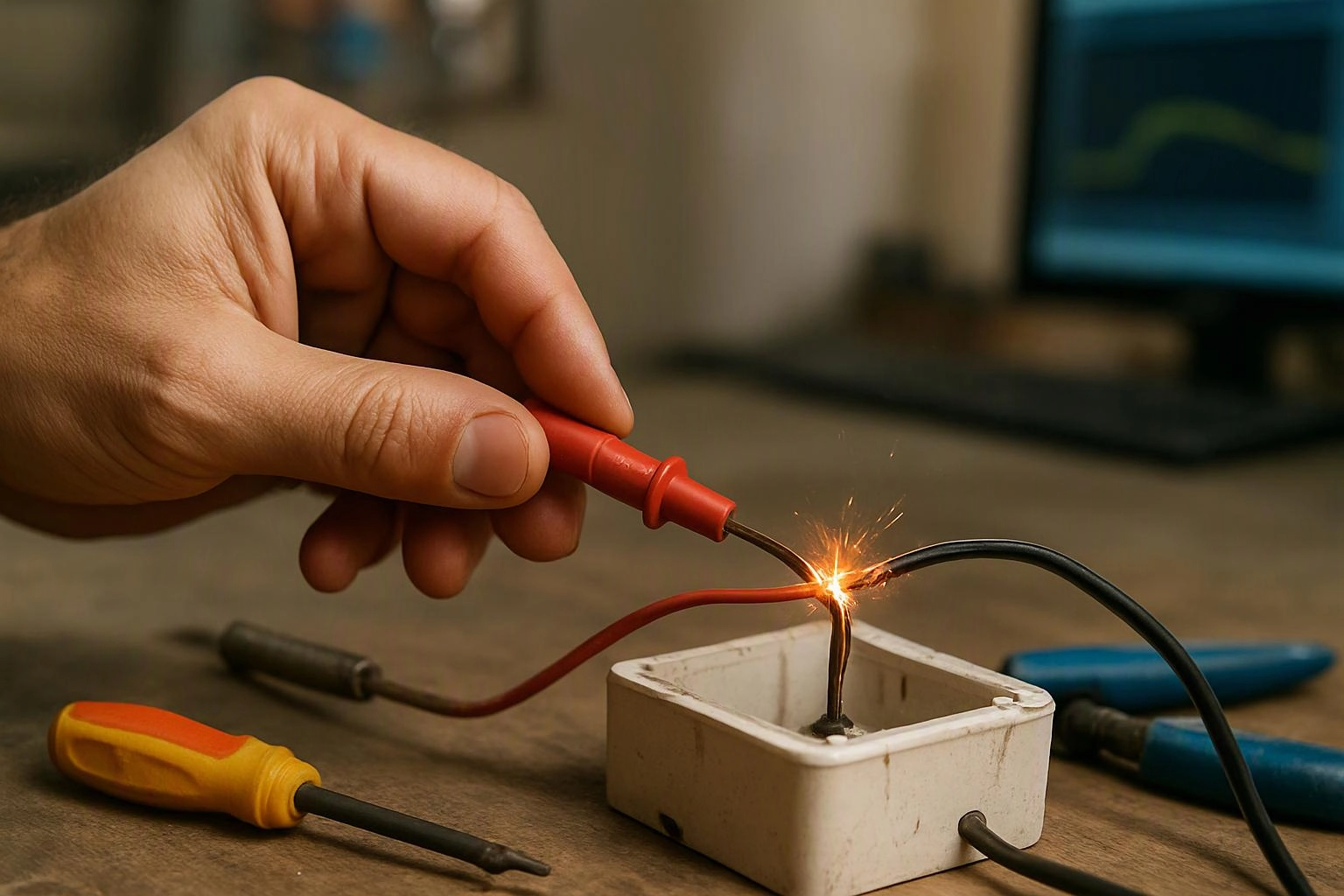 A hand holds a red probe to exposed wires sparking inside a small white electrical box on a workbench