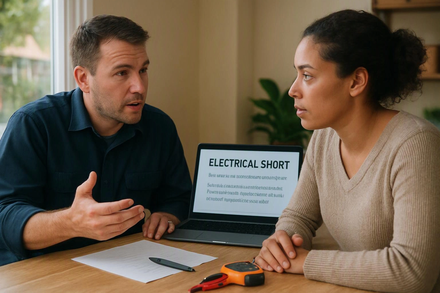 Two people talk at a table beside a laptop showing “ELECTRICAL SHORT” and tools on the desk