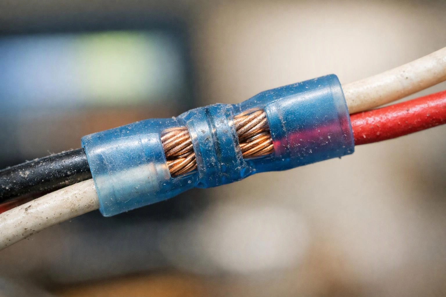 A close-up shows a blue wire connector joining black, white, and red cables with copper strands visible