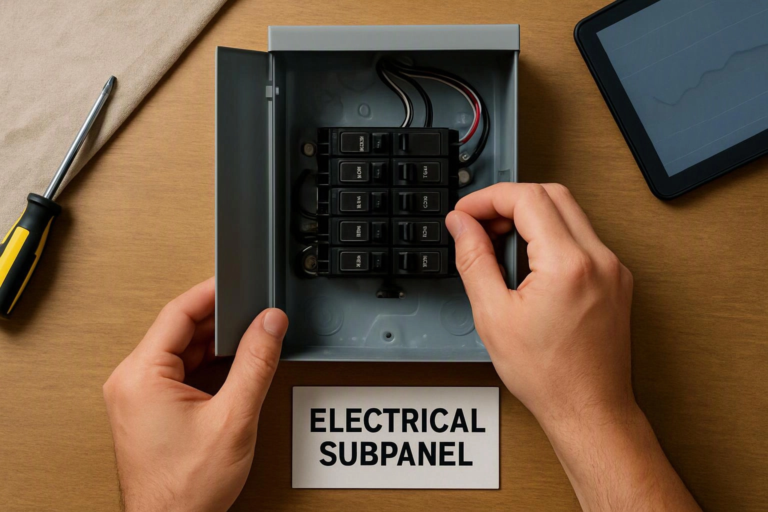 Hands adjust breakers inside an open electrical subpanel on a wooden table, with a screwdriver and tablet nearby