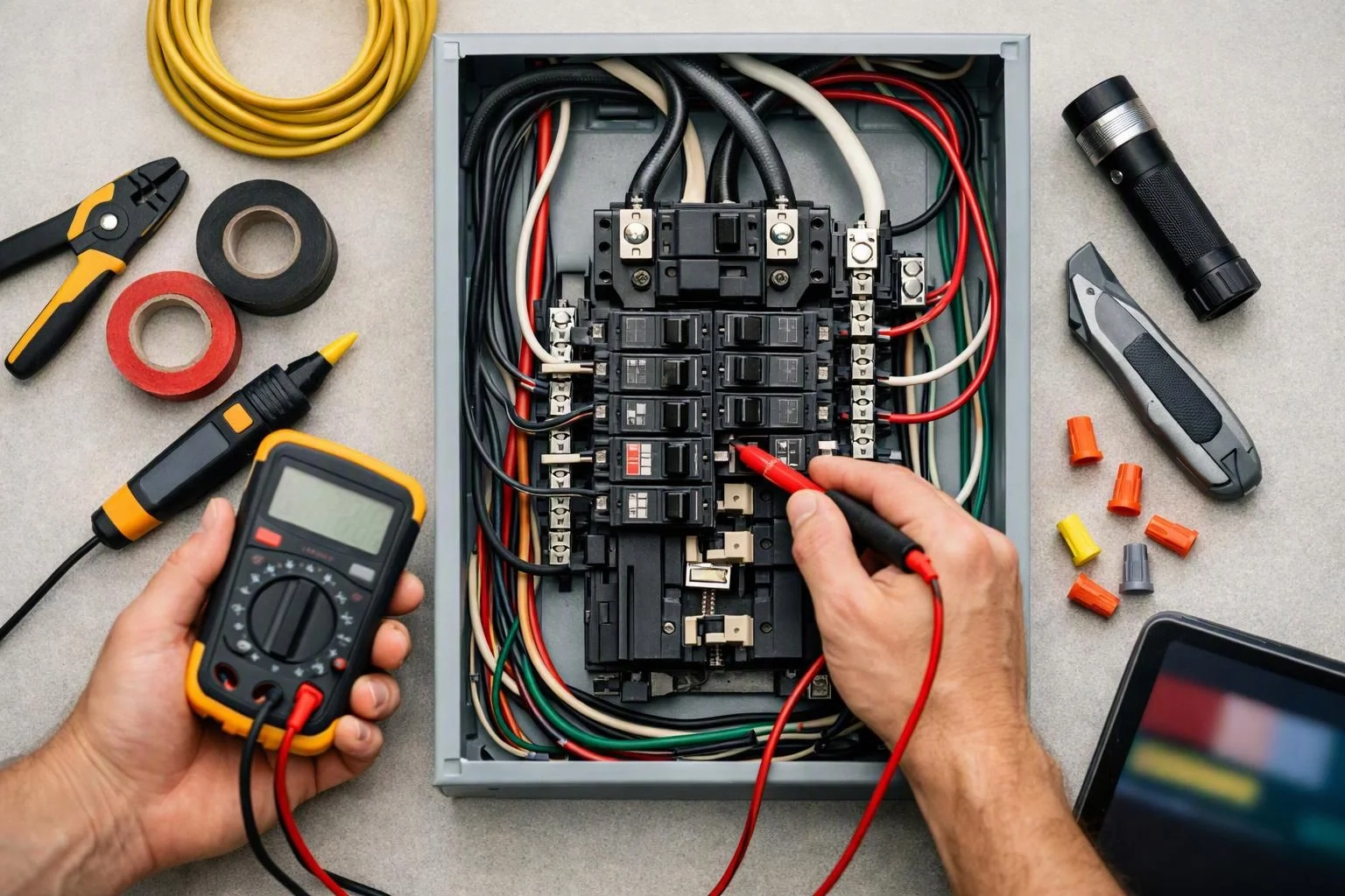 Hands test a breaker panel with a multimeter, surrounded by wiring tools on a workbench