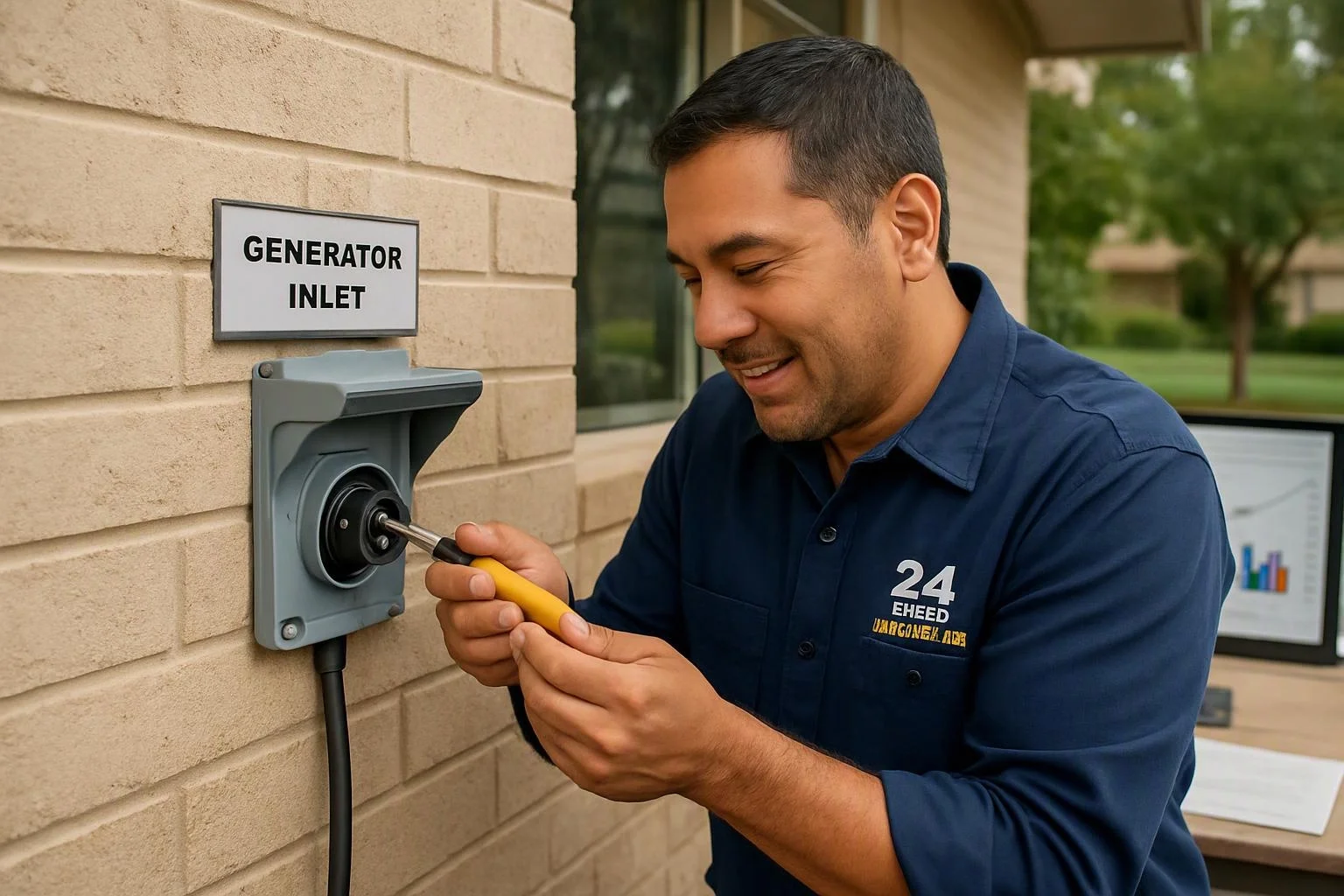 A man in a work shirt tightens a wall-mounted generator inlet beside a brick house