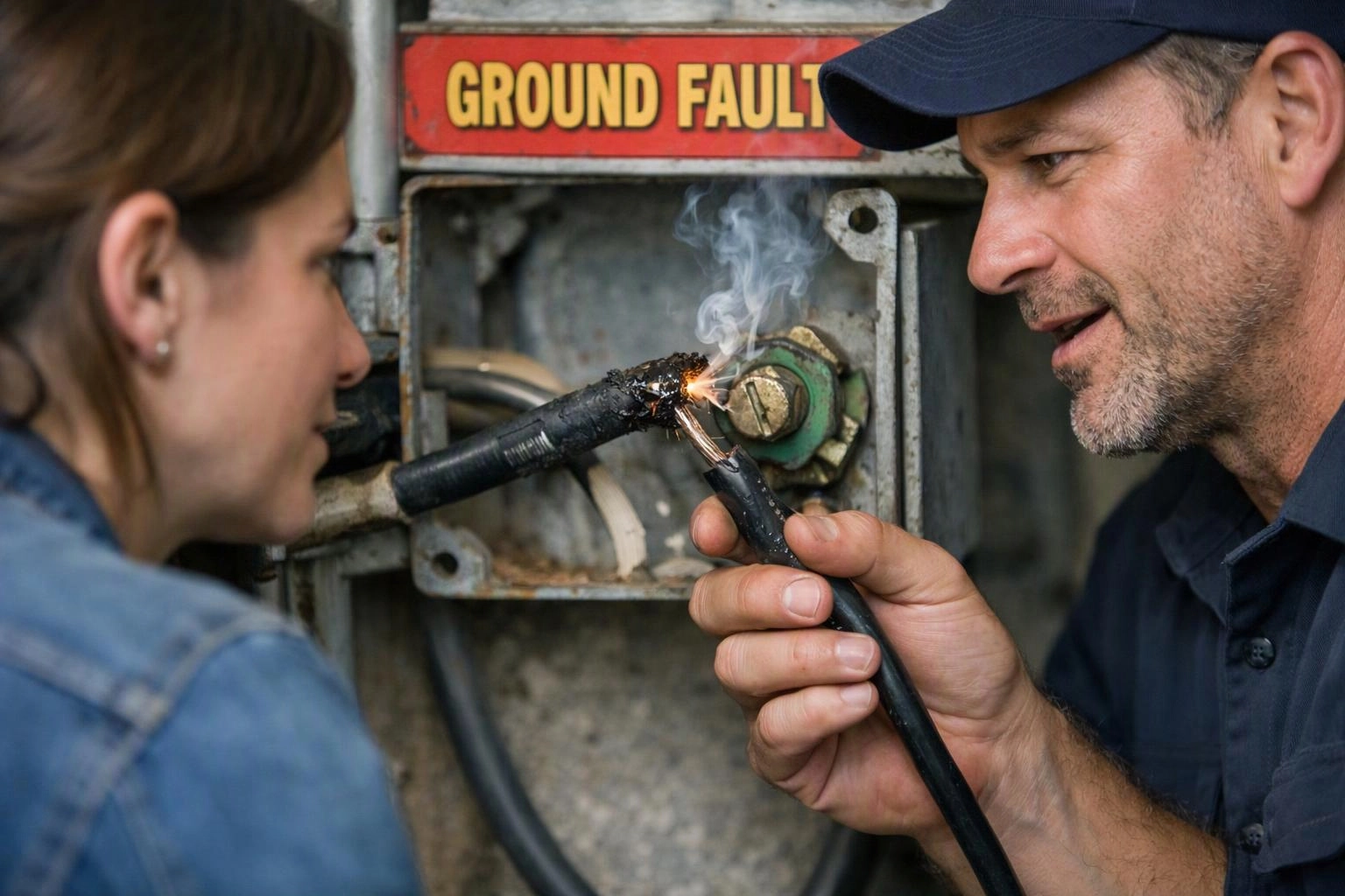 Two workers inspect a sparking electrical cable inside a metal panel marked “GROUND FAULT”