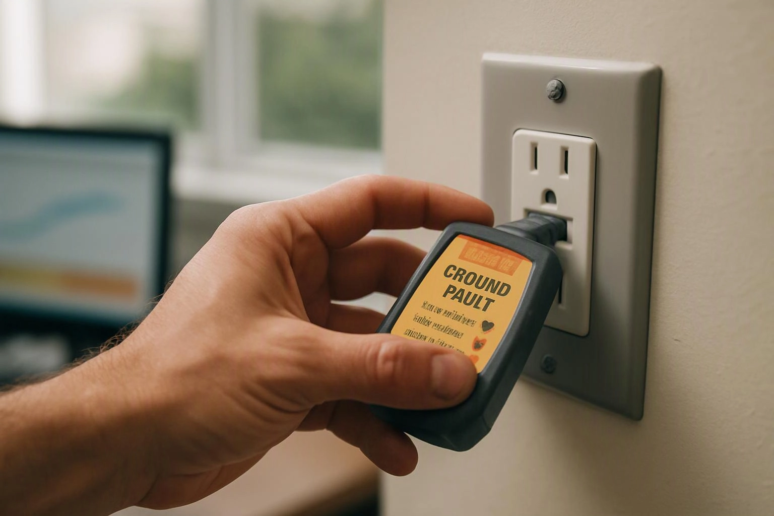 A hand plugs a ground fault tester into a wall outlet in a bright room