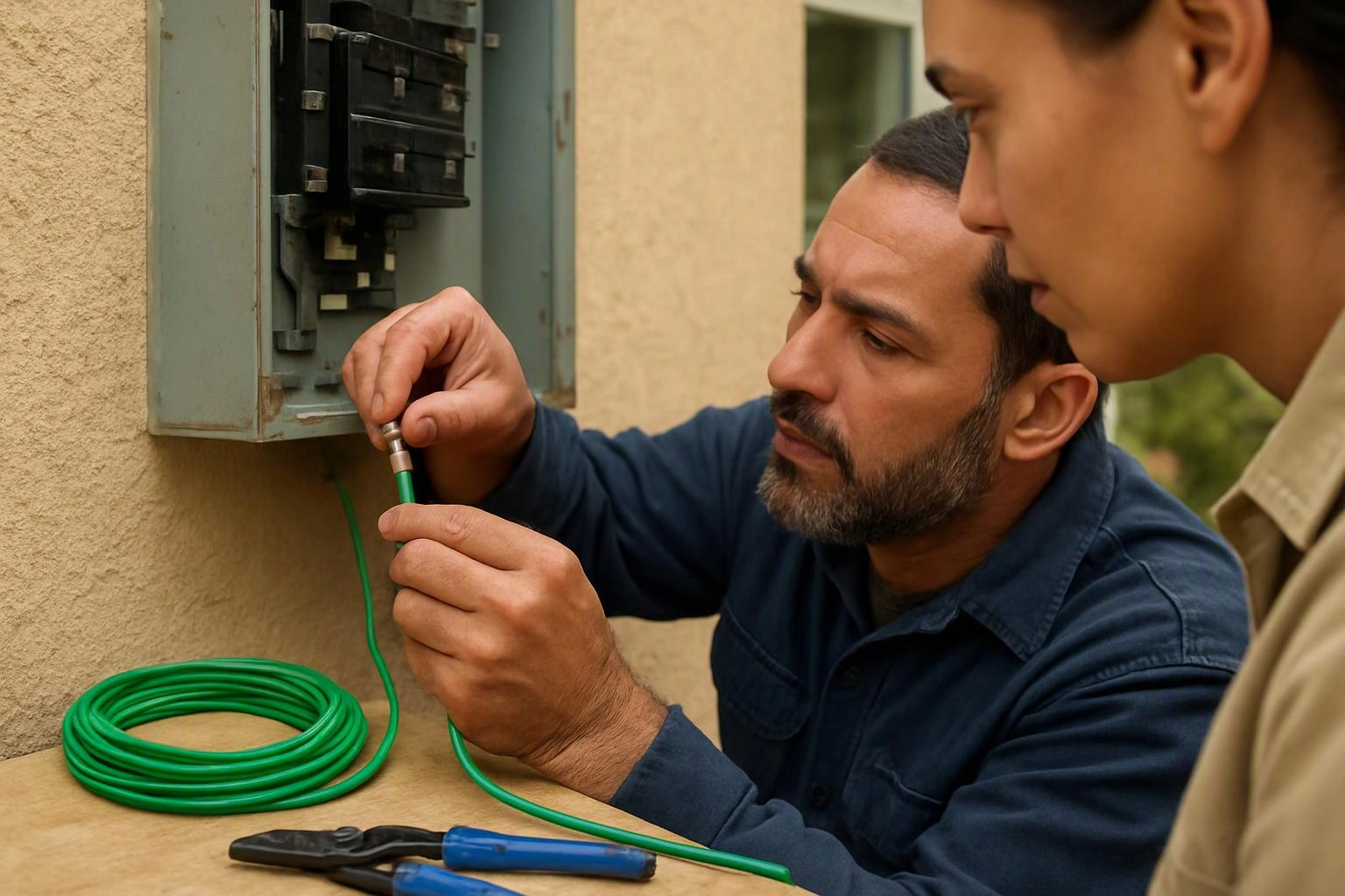 A man connects a green cable inside an open electrical box while another person watches closely outdoors
