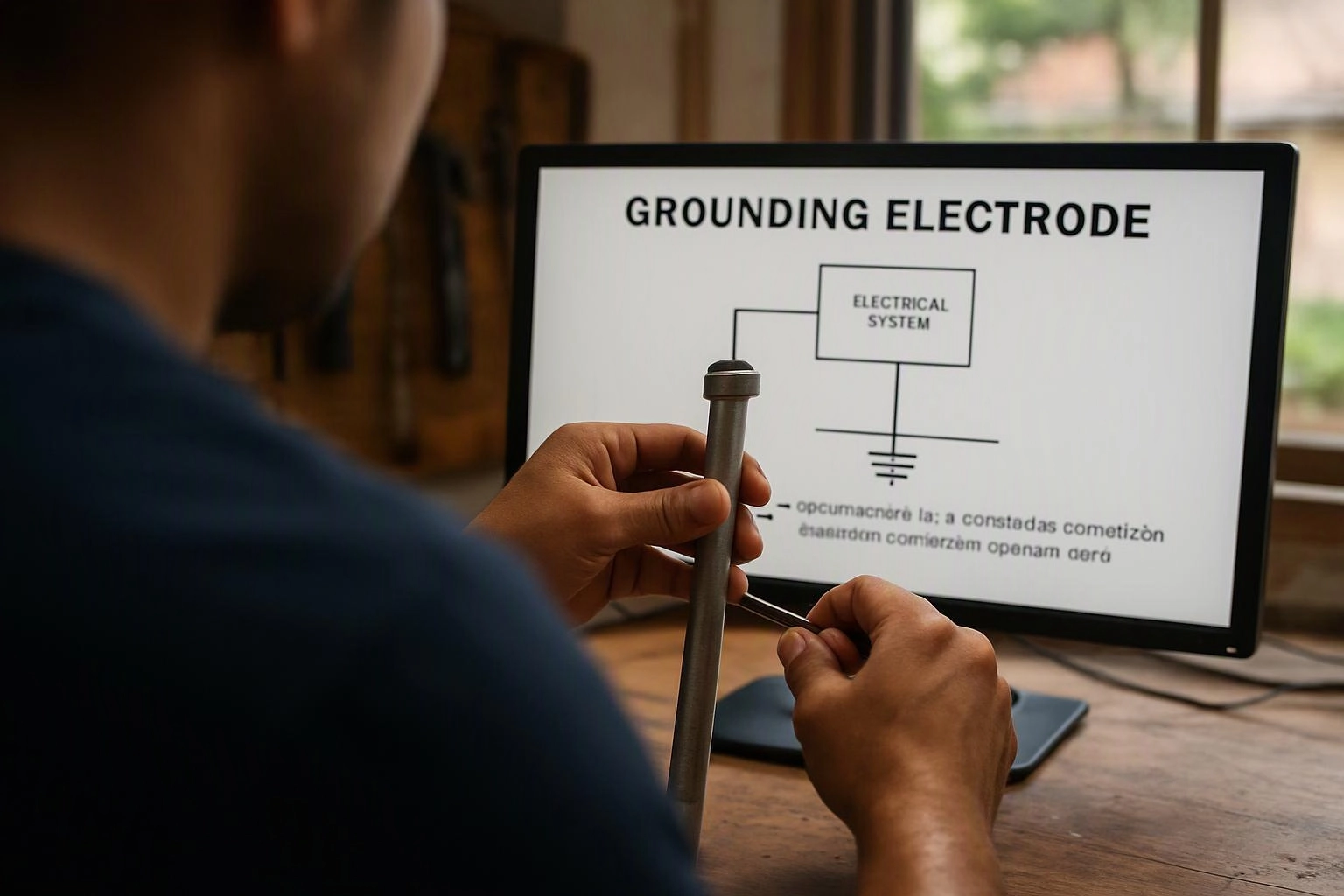 A person holds a metal rod near a monitor showing a grounding electrode diagram in a room