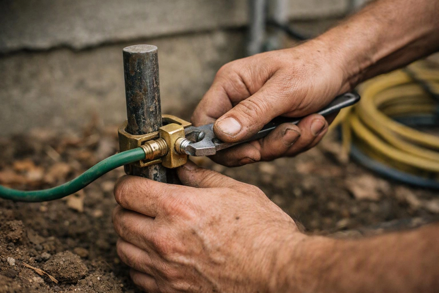 Dirty hands tighten a hose clamp on a metal pipe outdoors