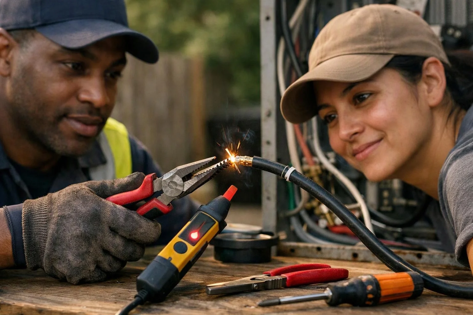 Two workers inspect a sparking cable connection on a wooden workbench outdoors